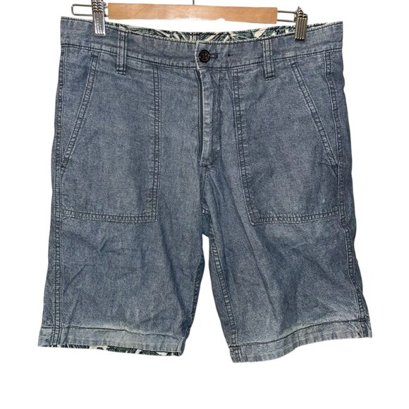 Reversible two in one chambray blue green tropical print bermuda shorts 32 - Picture 2 of 7